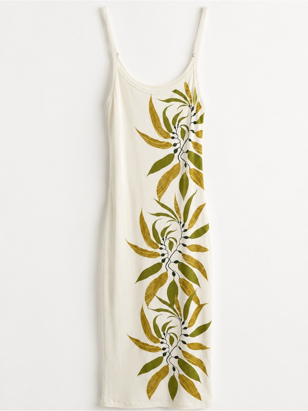 Tanoa Sleeveless Cream Midi Dress with Olive Leaf Print